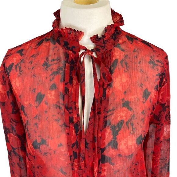 Joe Fresh Sheer Red Black Floral Ruffle Collar Tie Front Top Size Small - Picture 2 of 6